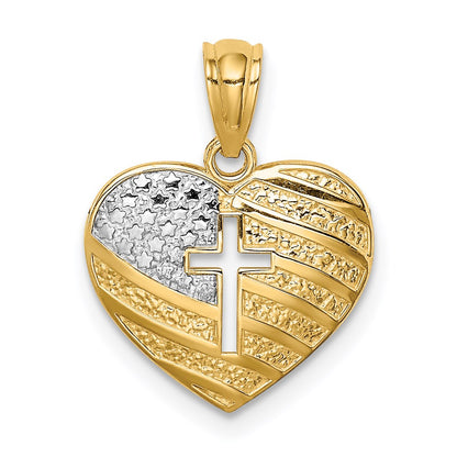 14K Yellow & Rhodium W/Rhodium Us Flag With Cross Heart Pendant