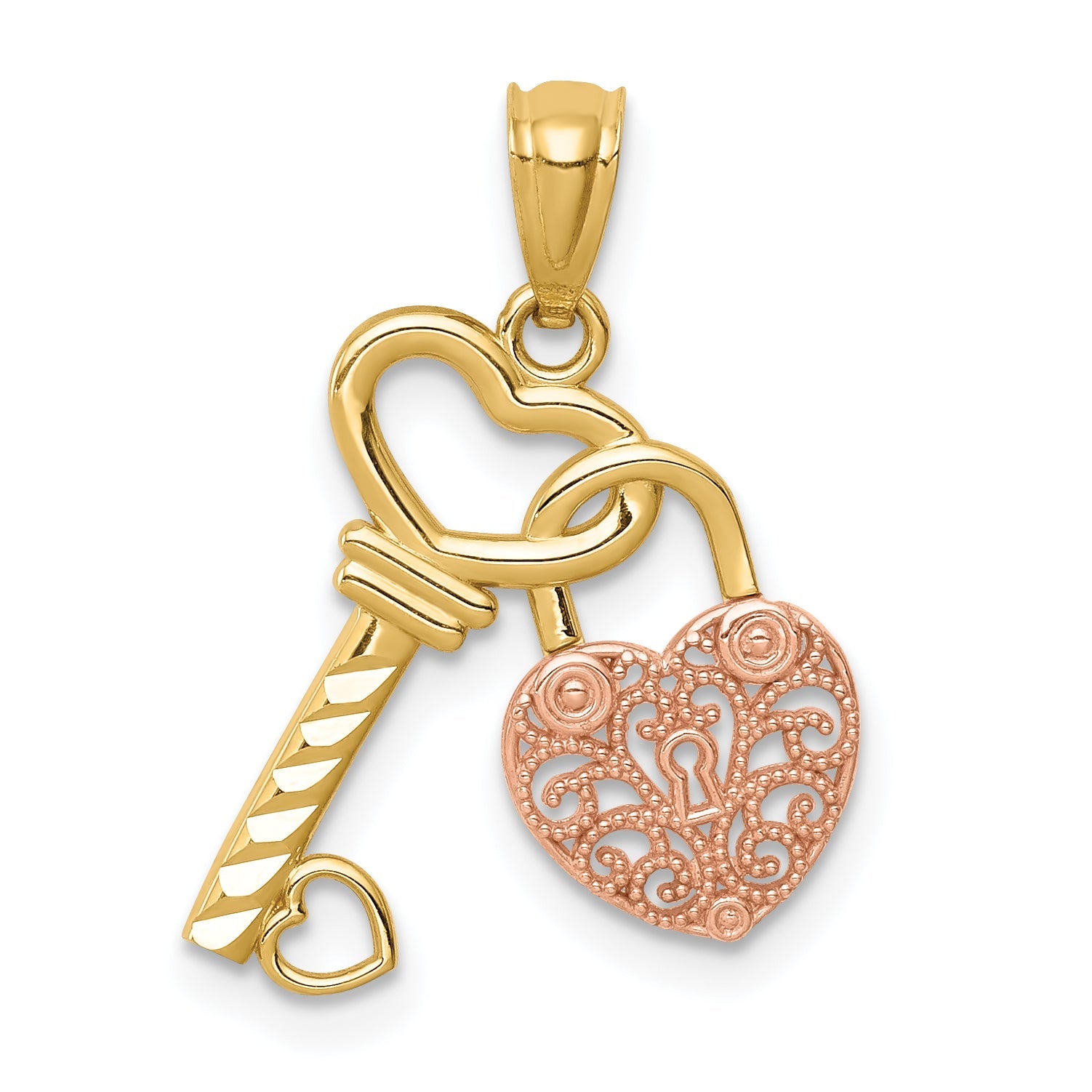 14K Two-Tone Polished Filigree Heart Lock And Diamond-Cut Key Charm