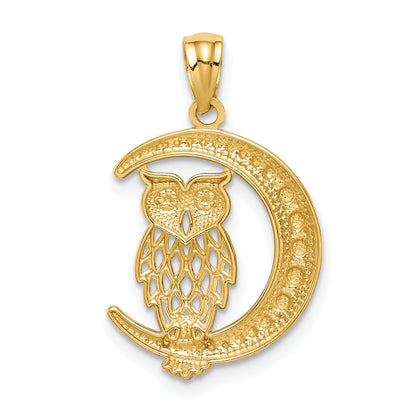 14K Yellow & Rhodium White D/C Owl On The Moon Pendant