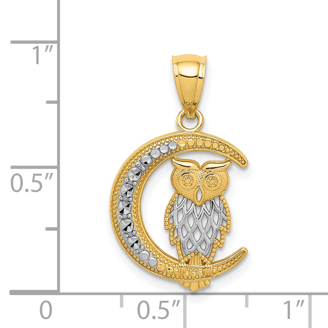 14K Yellow & Rhodium White D/C Owl On The Moon Pendant