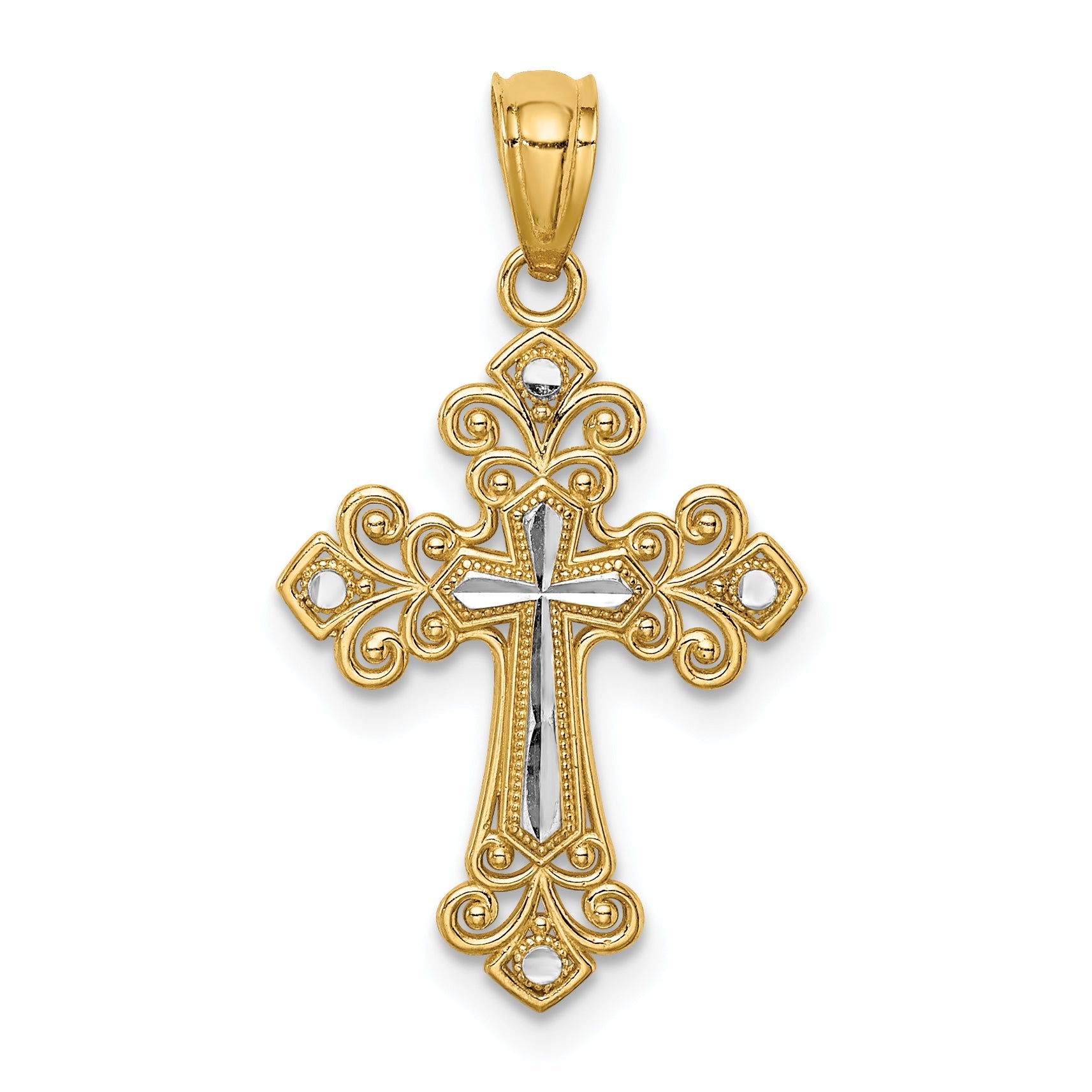 14K Yellow & Rhodium W/White D/C Cross Pendant