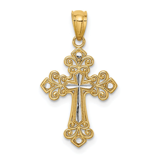 14K Yellow & Rhodium W/White D/C Cross Pendant