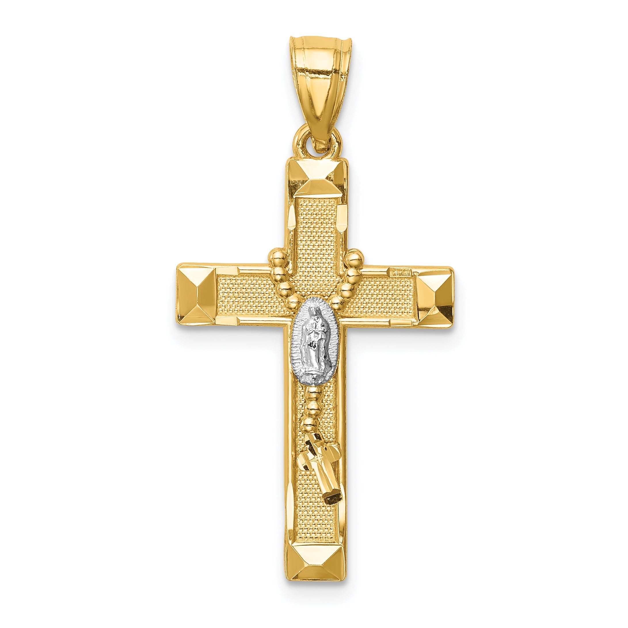 14K Yellow & Rhodium W/Rhodium Cross W/Rosary Pendant