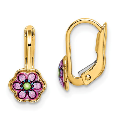 14K Yellow Gold Children'S Enamel Flower Leverback Earrings