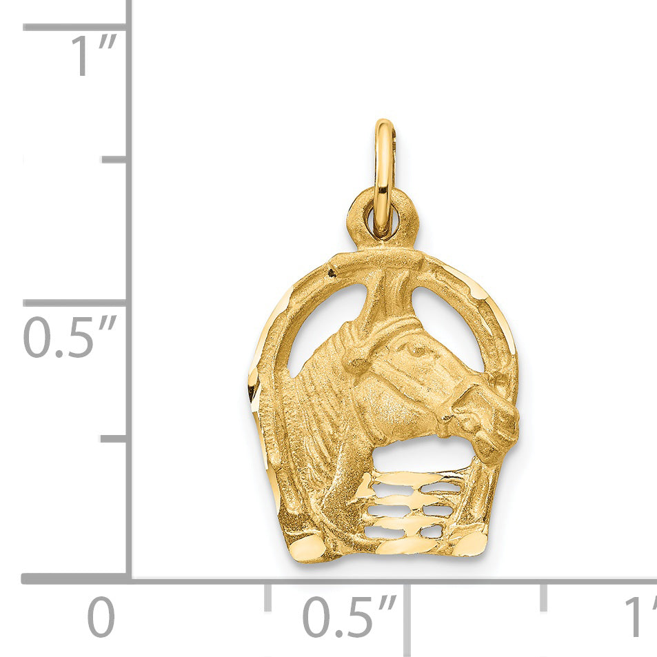 14K Yellow Gold Diamond-Cut Horse Head In Horseshoe Charm