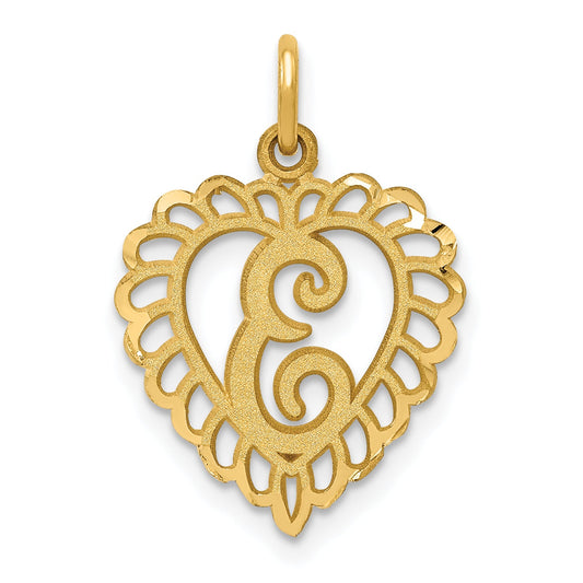 14K Yellow Gold Heart Letter E Charm