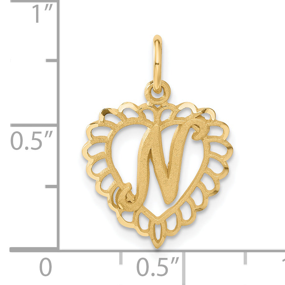 14K Yellow Gold Heart Letter N Charm