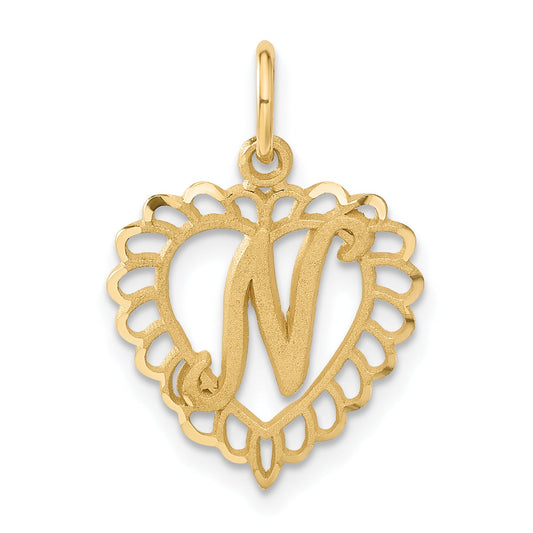 14K Yellow Gold Heart Letter N Charm