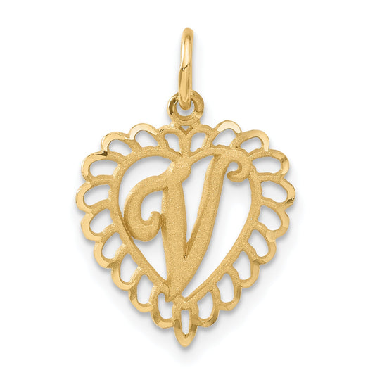 14K Yellow Gold Heart Letter V Charm