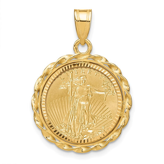 14K Yellow Gold Wideband Distinguished Coin Jewelry 14Ky Diamond-Cut & Twisted Wire Prong Mounted 1/10Oz American Eagle Bezel Pendant
