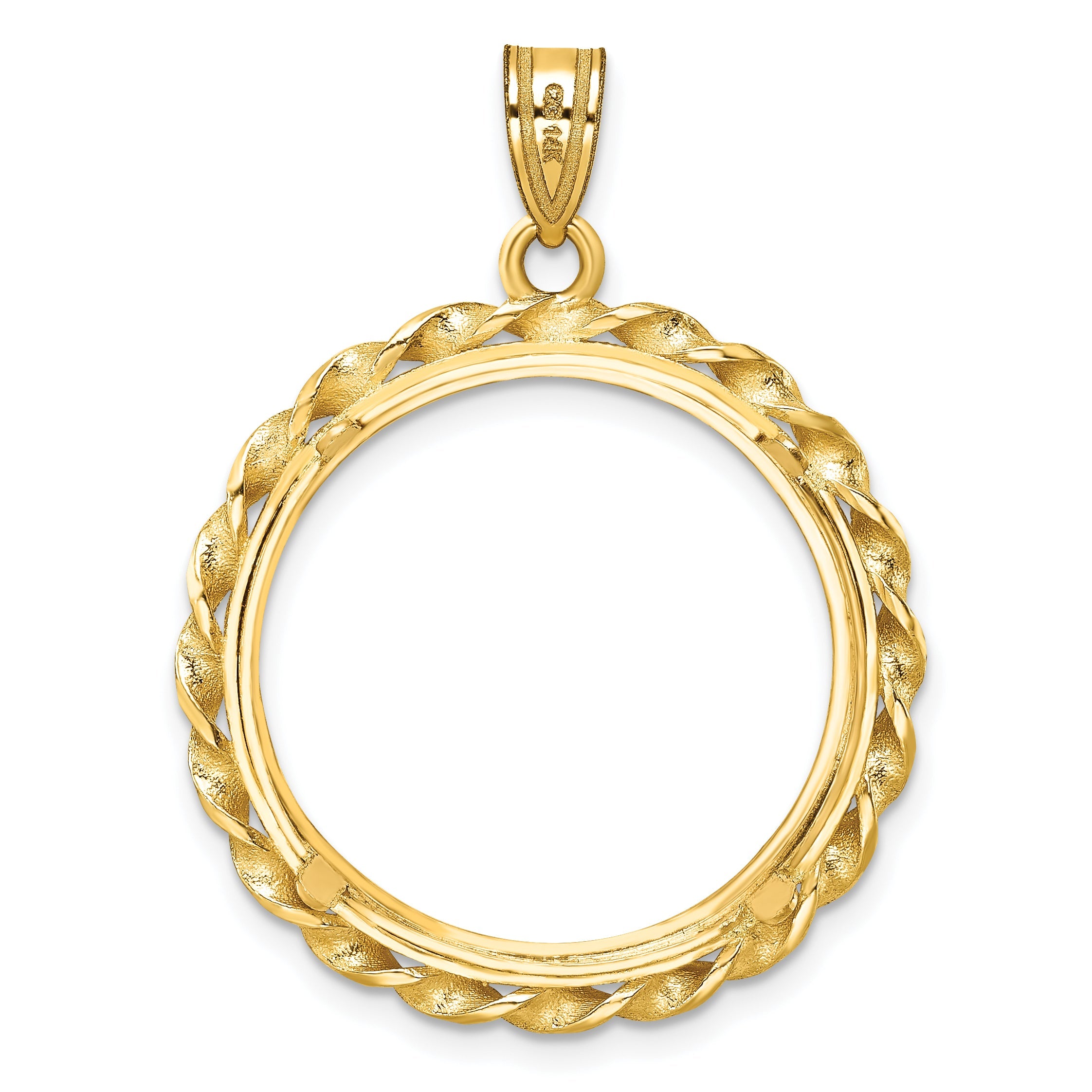 14K Yellow Gold Wideband Distinguished Coin Jewelry Polished Wide Twisted Wire 22.0mm Prong Bezel Pendant
