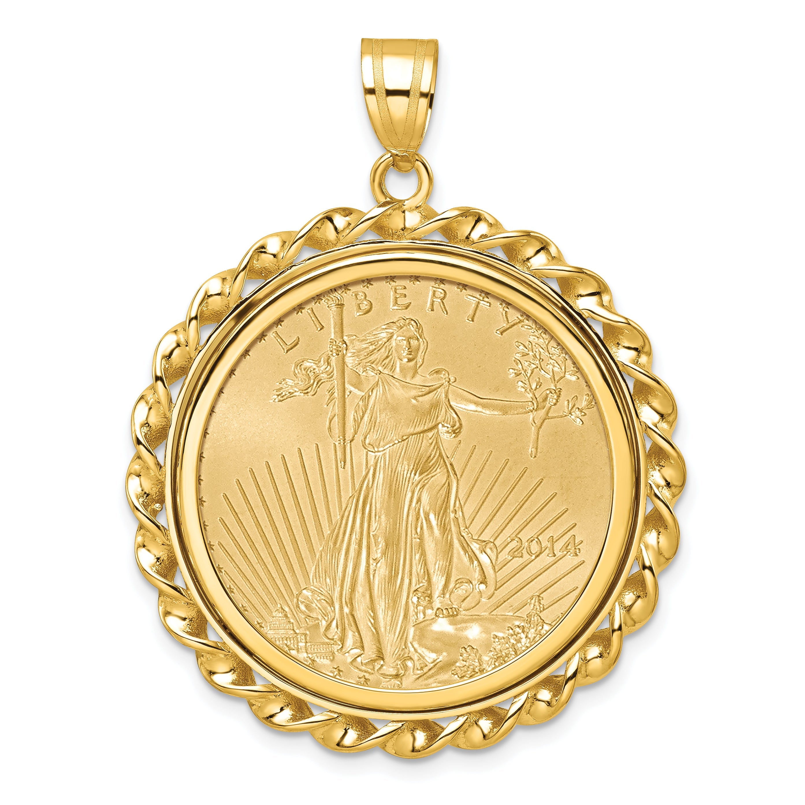 14K Yellow Gold Wideband Distinguished Coin Jewelry Polished Wide Twisted Wire Mounted 1/2Oz American Eagle Prong Bezel Pendant