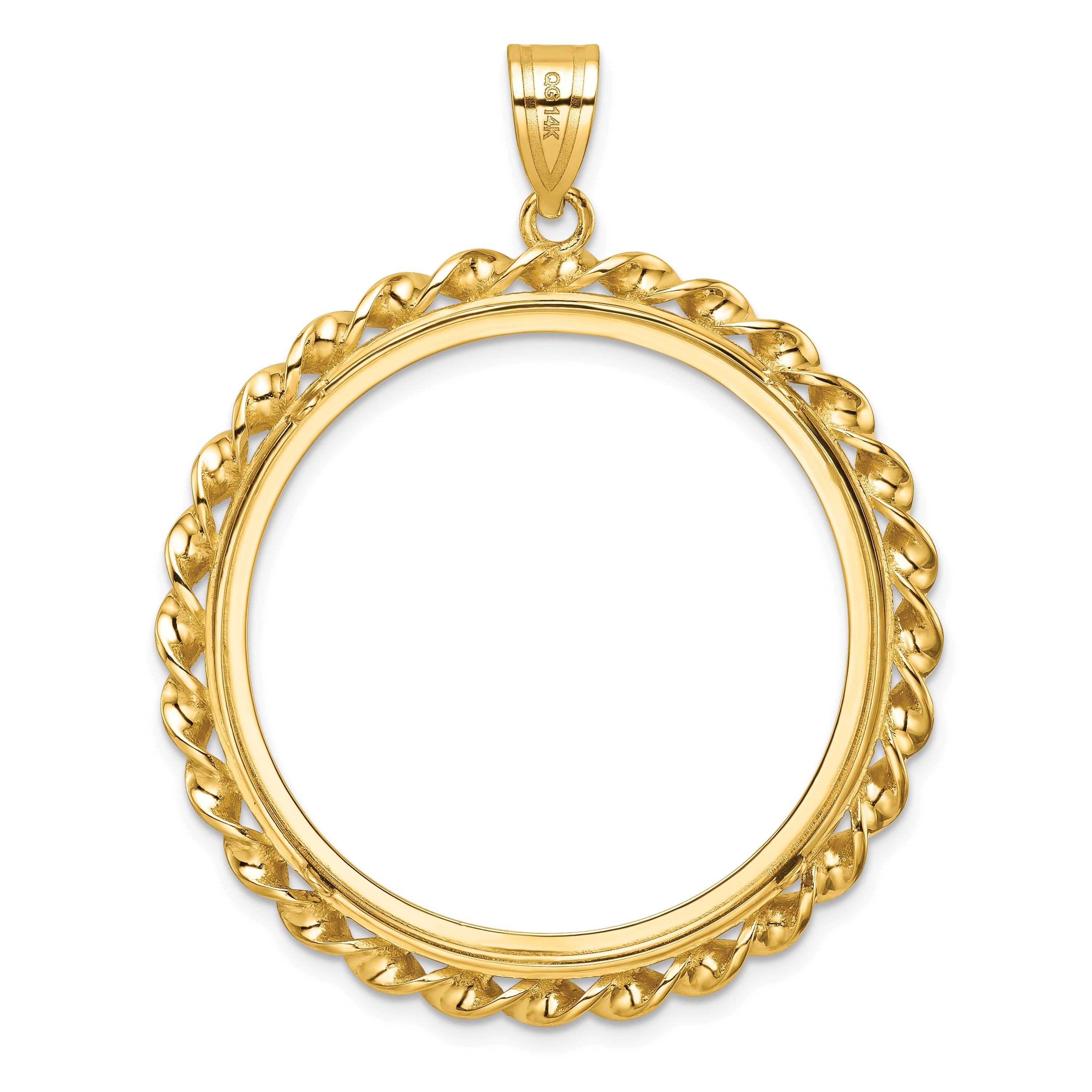 14K Yellow Gold Wideband Distinguished Coin Jewelry Polished Wide Twisted Wire 32.7mm Prong Bezel Pendant