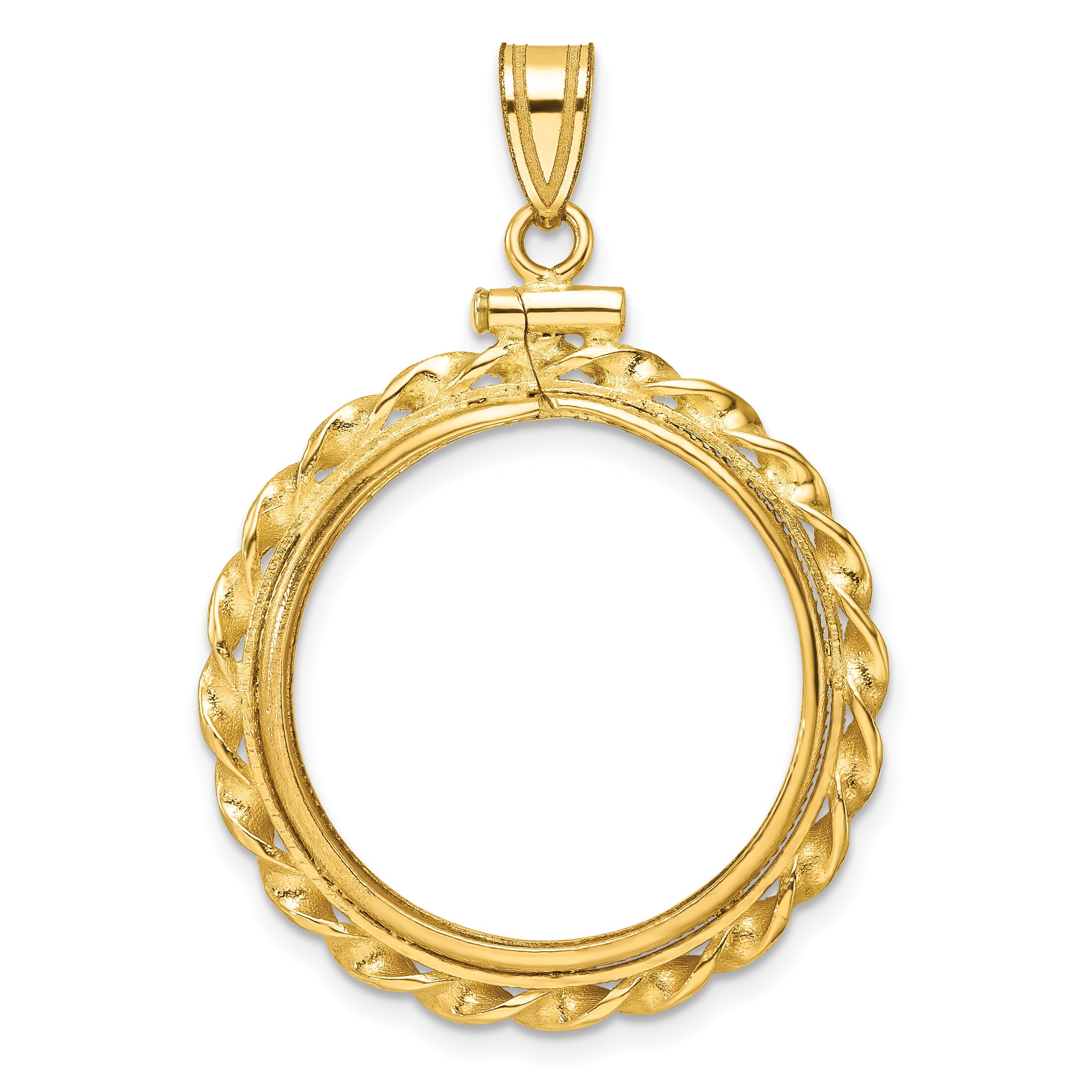 14K Yellow Gold Wideband Distinguished Coin Jewelry Polished Wide Twisted Wire 22.0mm X 1.9mm Screw Top Bezel Pendant