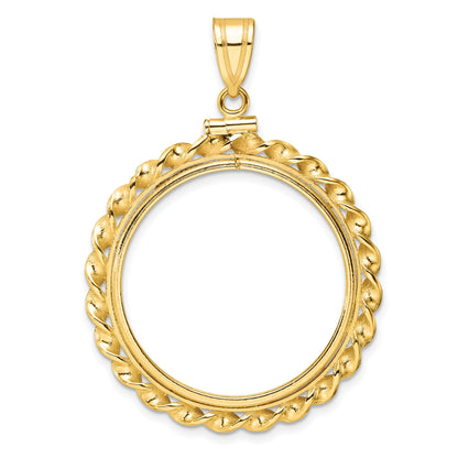 14K Yellow Gold Wideband Distinguished Coin Jewelry Polished Wide Twisted Wire 27.0mm X 2.35mm Screw Top Bezel Pendant