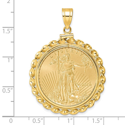 14K Yellow Gold Wideband Distinguished Coin Jewelry Polished Wide Twisted Wire Mounted 1/2Oz American Eagle Screw Top Bezel Pendant