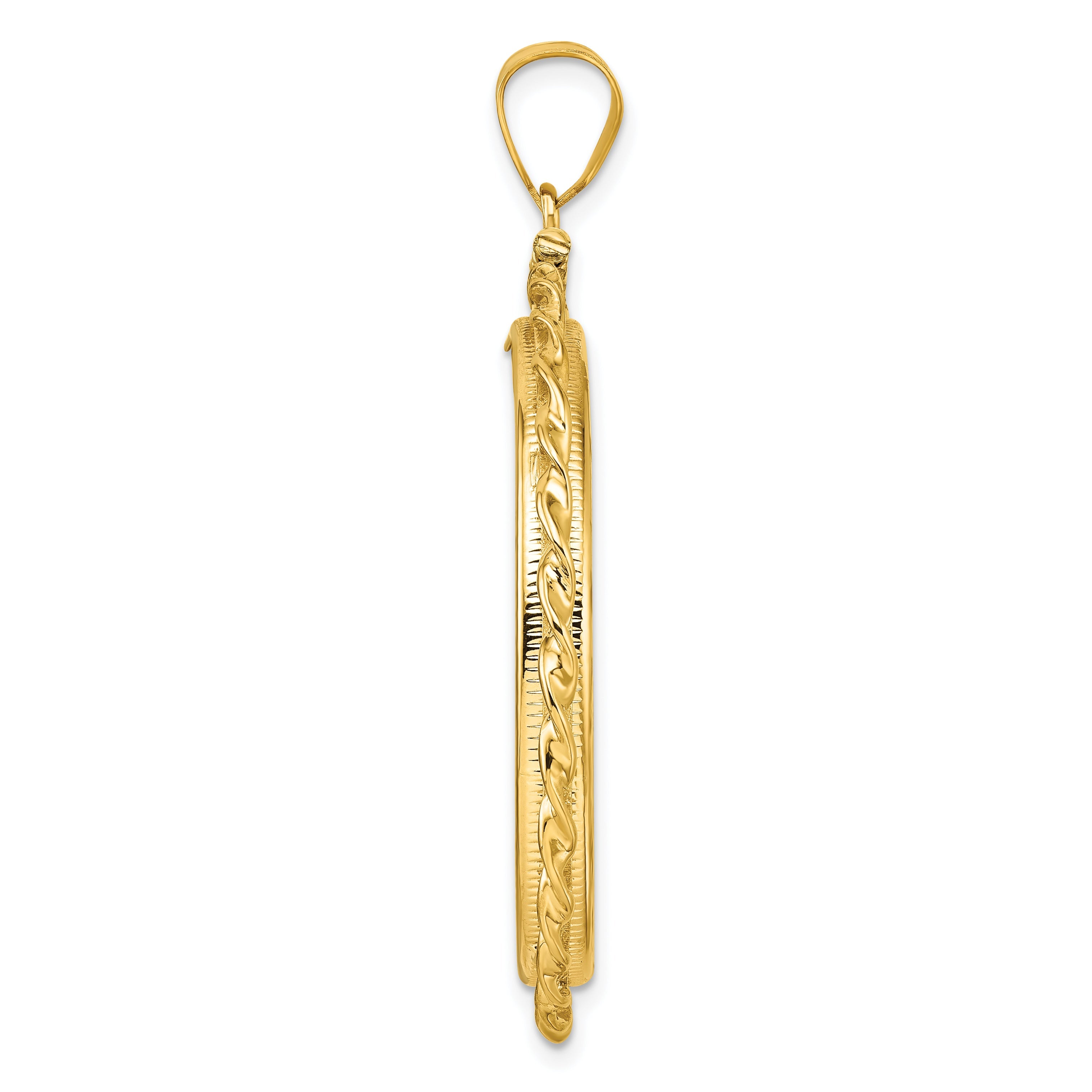 14K Yellow Gold Wideband Distinguished Coin Jewelry Polished Wide Twisted Wire 32.0mm X 2.85mm Screw Top Bezel Pendant