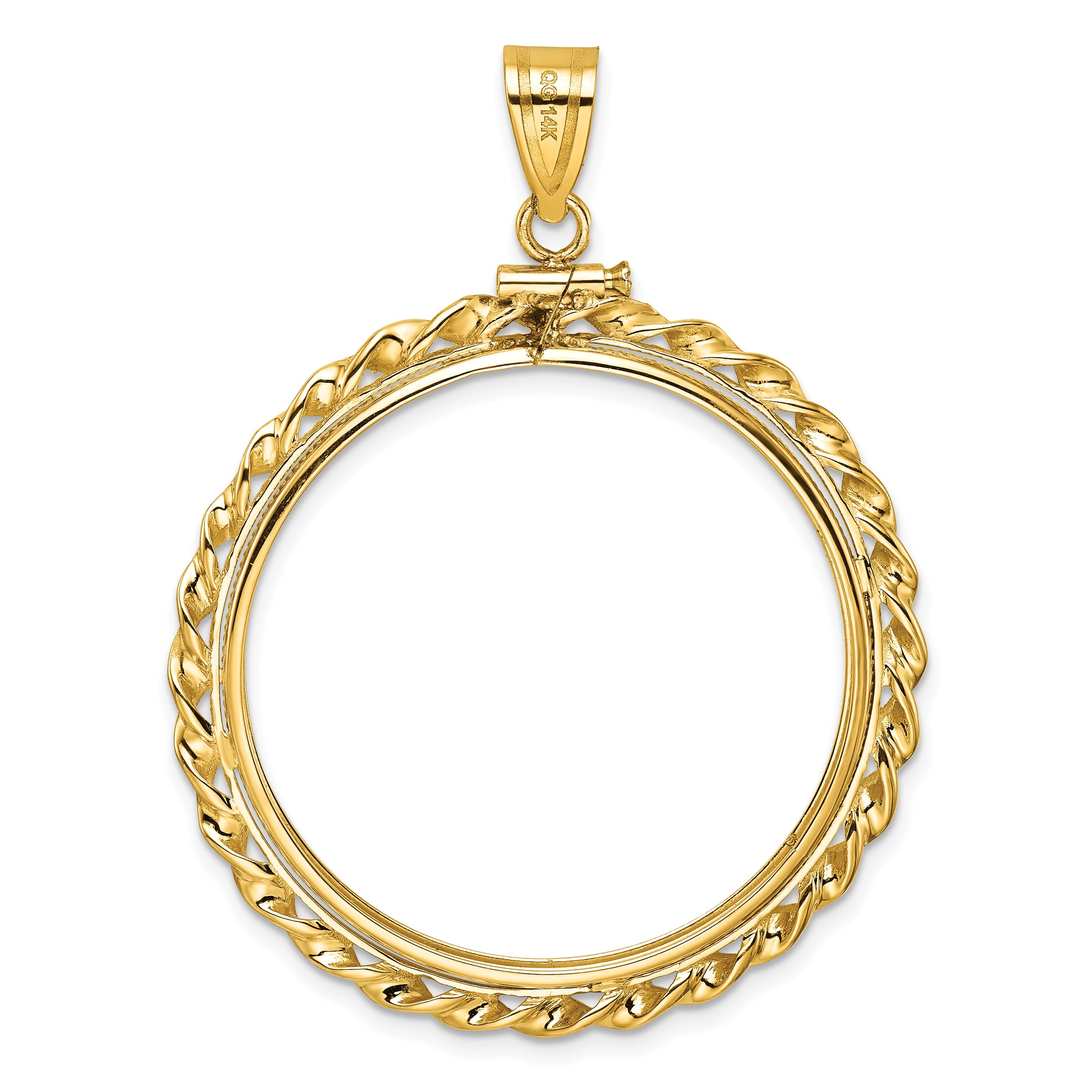 14K Yellow Gold Wideband Distinguished Coin Jewelry Polished Wide Twisted Wire 32.0mm X 2.85mm Screw Top Bezel Pendant