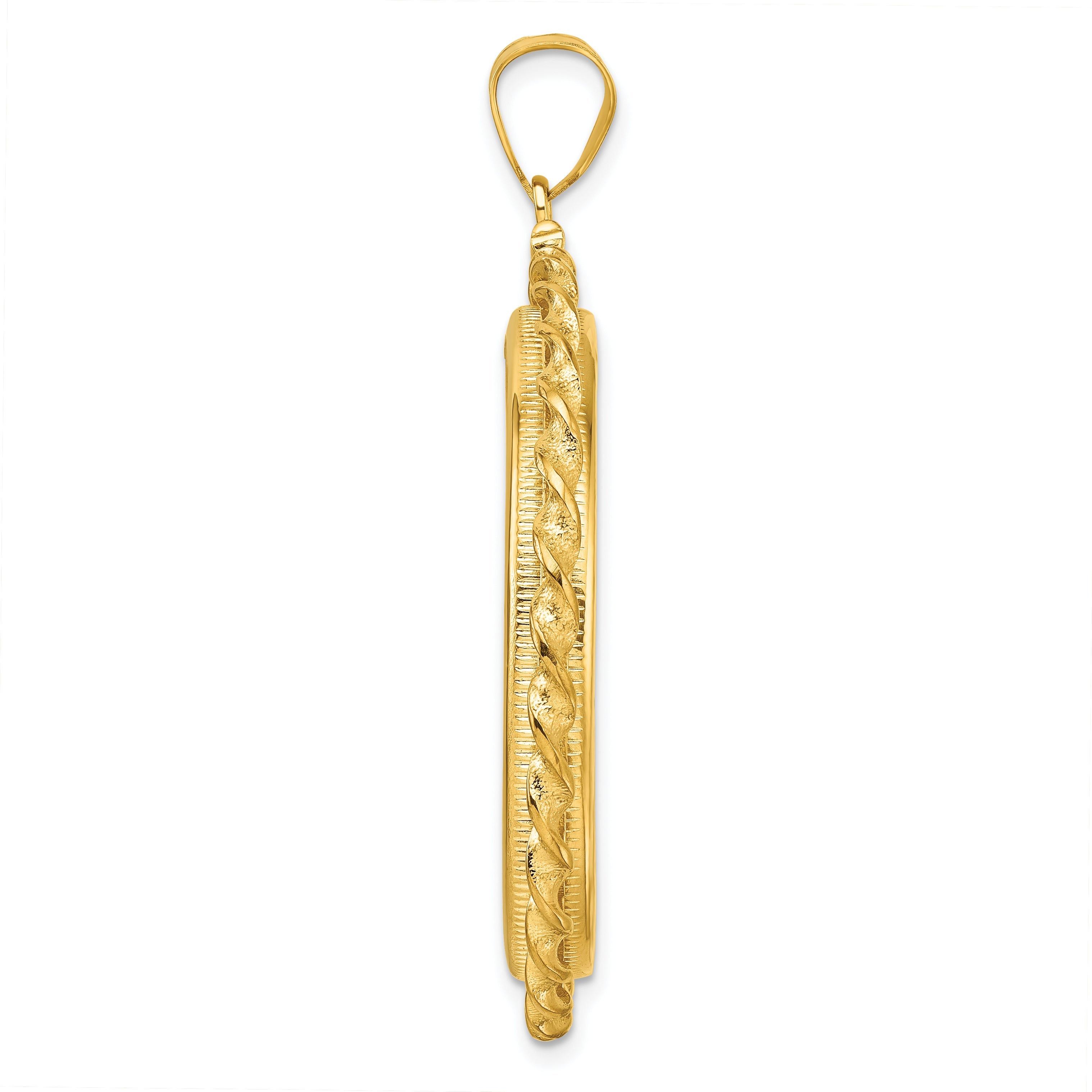 14K Yellow Gold Wideband Distinguished Coin Jewelry Polished Wide Twisted Wire 32.7mm X 3.00mm Screw Top Bezel Pendant