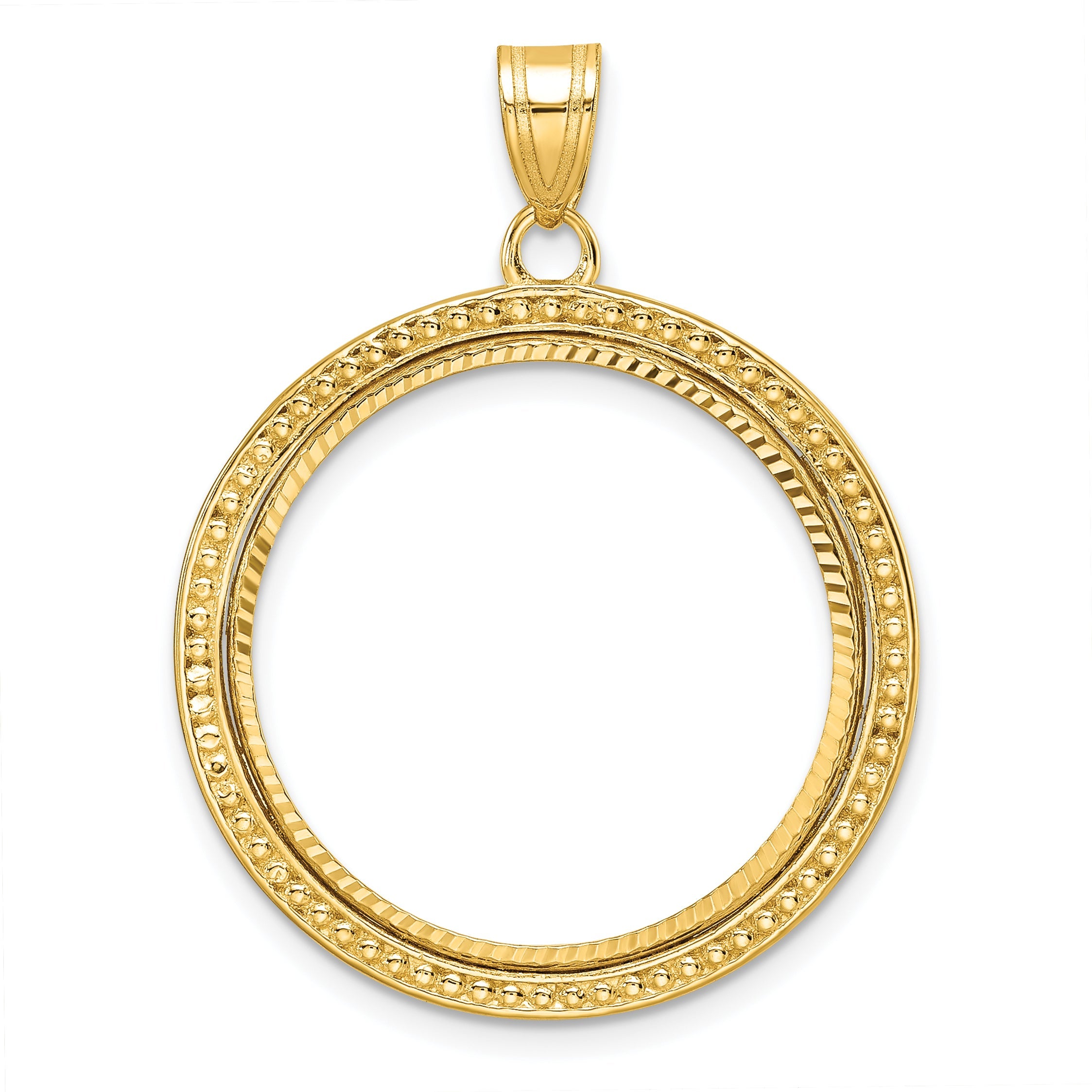 14K Yellow Gold Wideband Distinguished Coin Jewelry Polished Beaded And Diamond-Cut 22.0mm Prong Bezel Pendant