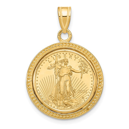14K Yellow Gold Wideband Distinguished Coin Jewelry Polished And Beaded Mounted 1/10Oz American Eagle Bezel Pendant