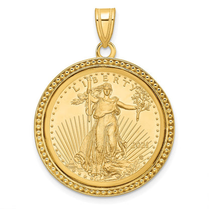 14K Yellow Gold Wideband Distinguished Coin Jewelry Polished And Beaded Mounted 1/4Oz American Eagle Bezel Pendant
