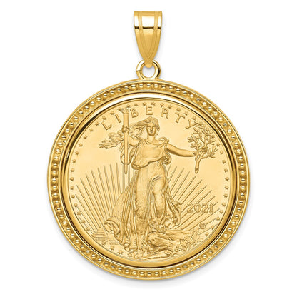 14K Yellow Gold Wideband Distinguished Coin Jewelry Polished And Beaded Mounted 1/2Oz American Eagle Bezel Pendant