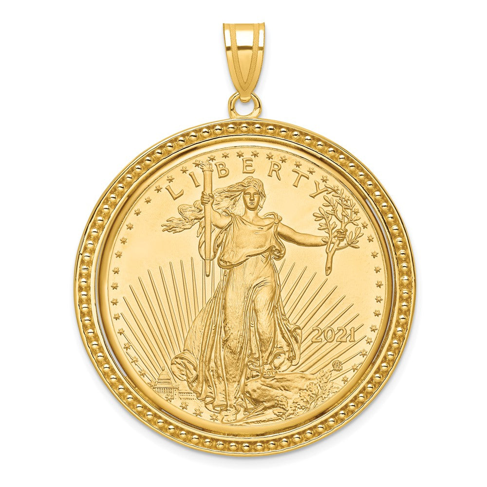 14K Yellow Gold Wideband Distinguished Coin Jewelry Polished And Beaded Mounted 1Oz American Eagle Bezel Pendant