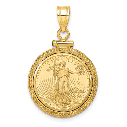 14K Yellow Gold Wideband Distinguished Coin Jewelry Polished And Beaded Mounted 1/10Oz American Eagle Screw Top Bezel Pendant
