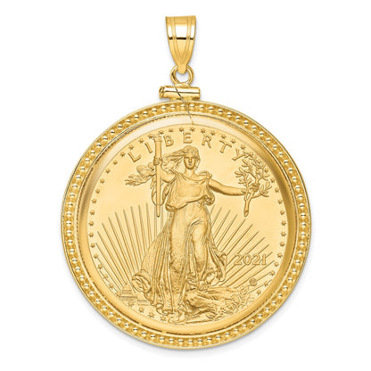 14K Yellow Gold Wideband Distinguished Coin Jewelry Polished And Beaded Mounted 1Oz American Eagle Screw Top Bezel Pendant