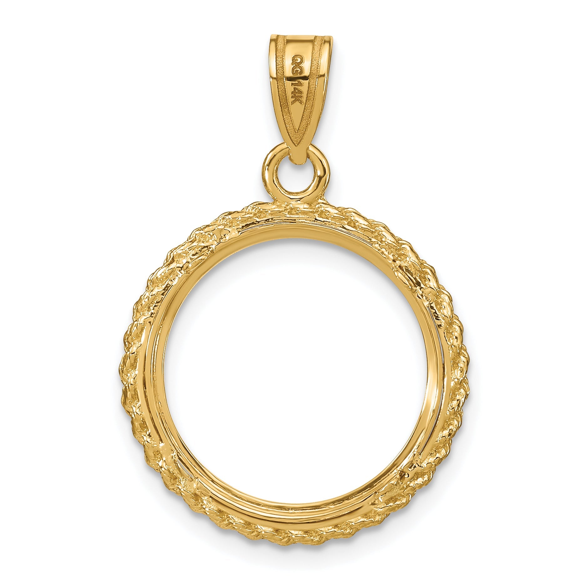 14K Yellow Gold Wideband Distinguished Coin Jewelry Polished With Casted Rope 16.5mm Prong Bezel Pendant