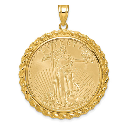 14K Yellow Gold Wideband Distinguished Coin Jewelry Polished With Casted Rope Mounted 1Oz American Eagle Prong Bezel Pendant
