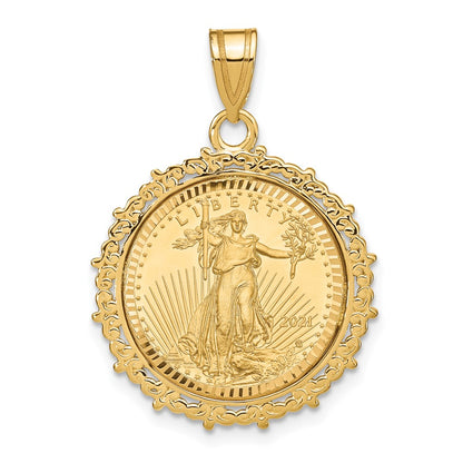 14K Yellow Gold Wideband Distinguished Coin Jewelry 14Ky Fancy Diamond-Cut Mounted 1/10Oz American Eagle Bezel Pendant