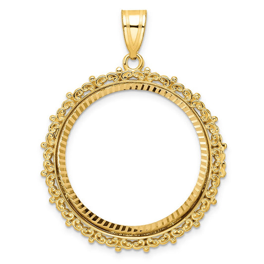 14K Yellow Gold Wideband Distinguished Coin Jewelry Polished And Diamond-Cut Fancy 27.0mm Prong Bezel Pendant