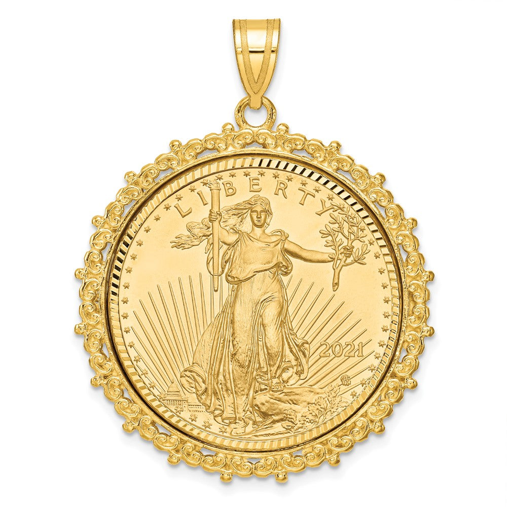 14K Yellow Gold Wideband Distinguished Coin Jewelry 14Ky Fancy Diamond-Cut Mounted 1/2Oz American Eagle Bezel Pendant