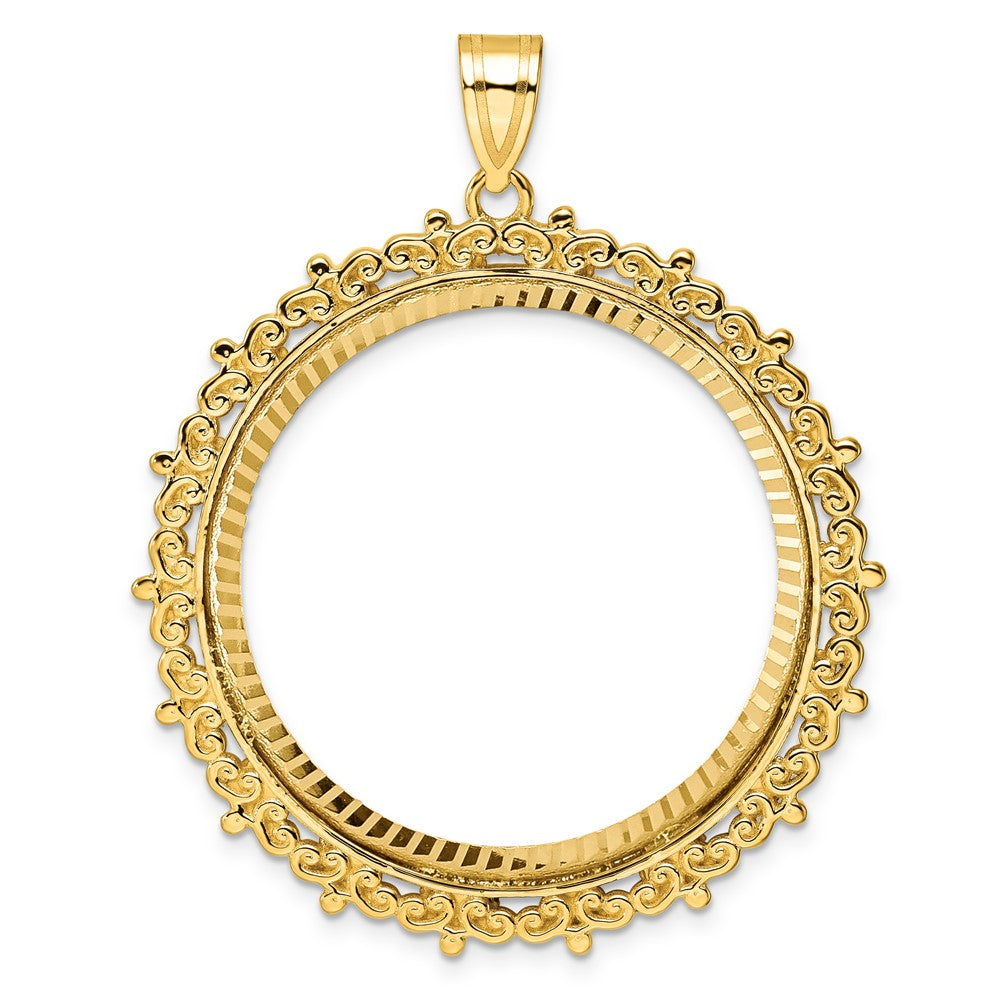 14K Yellow Gold Wideband Distinguished Coin Jewelry Polished And Diamond-Cut Fancy 32.7mm Prong Bezel Pendant