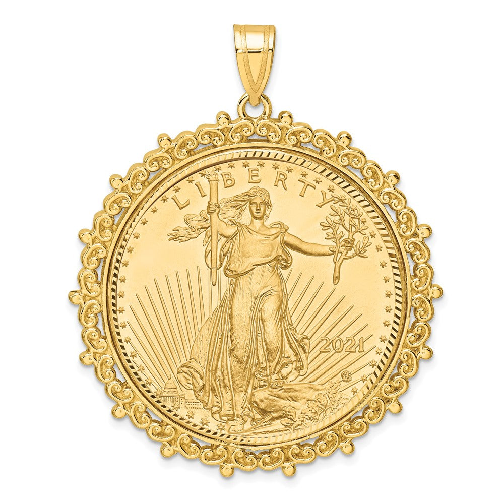 14K Yellow Gold Wideband Distinguished Coin Jewelry 14Ky Fancy Diamond-Cut Mounted 1Oz American Eagle Bezel Pendant