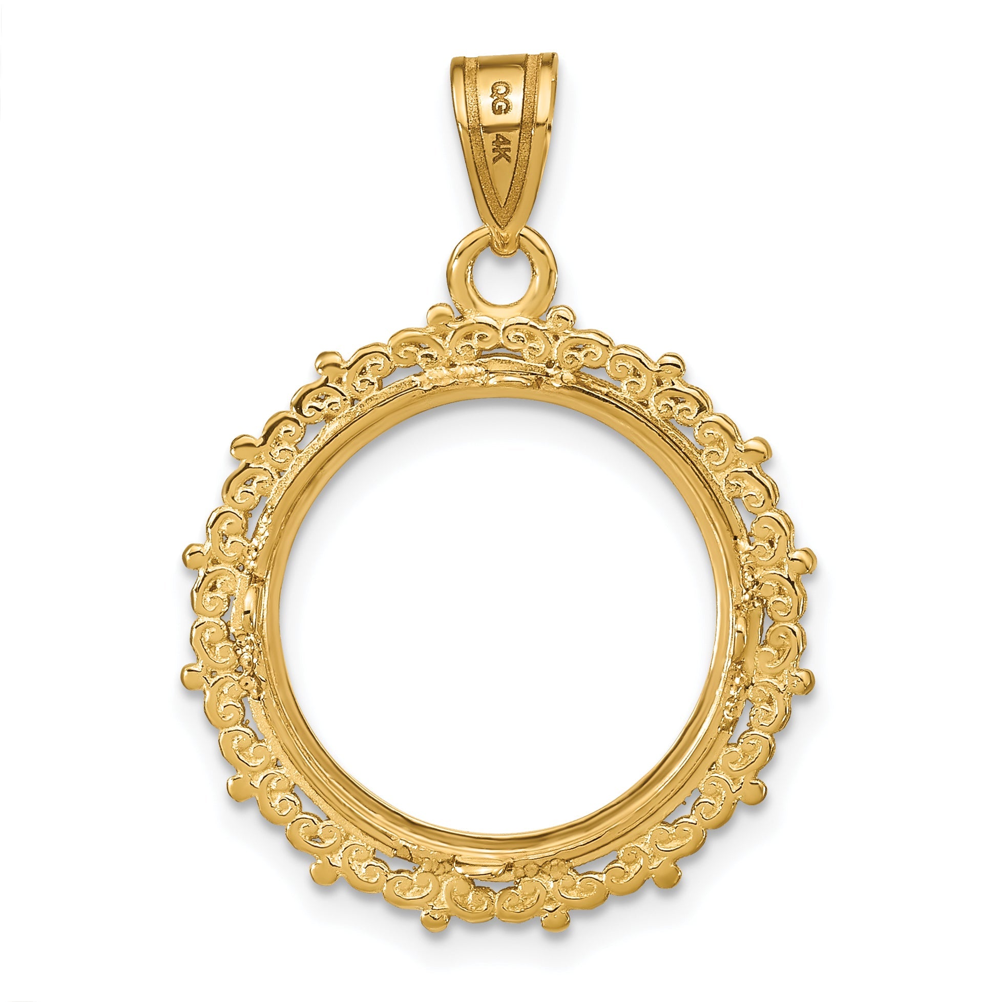 14K Yellow Gold Wideband Distinguished Coin Jewelry Polished Fancy 16.5mm Prong Bezel Pendant