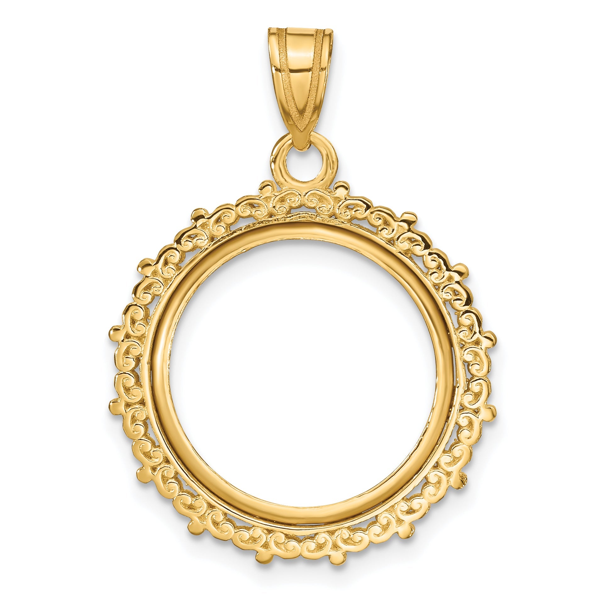 14K Yellow Gold Wideband Distinguished Coin Jewelry Polished Fancy 16.5mm Prong Bezel Pendant