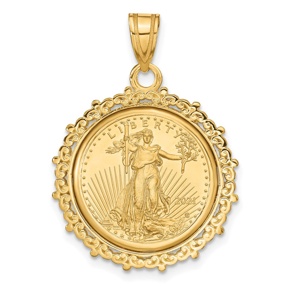 14K Yellow Gold Wideband Distinguished Coin Jewelry Polished Fancy Mounted 1/10Oz American Eagle Prong Bezel Pendant