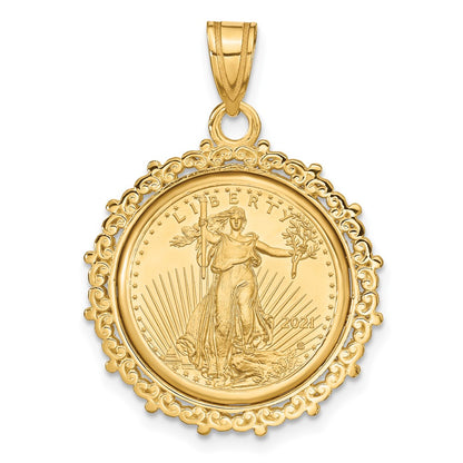 14K Yellow Gold Wideband Distinguished Coin Jewelry Polished Fancy Mounted 1/10Oz American Eagle Prong Bezel Pendant