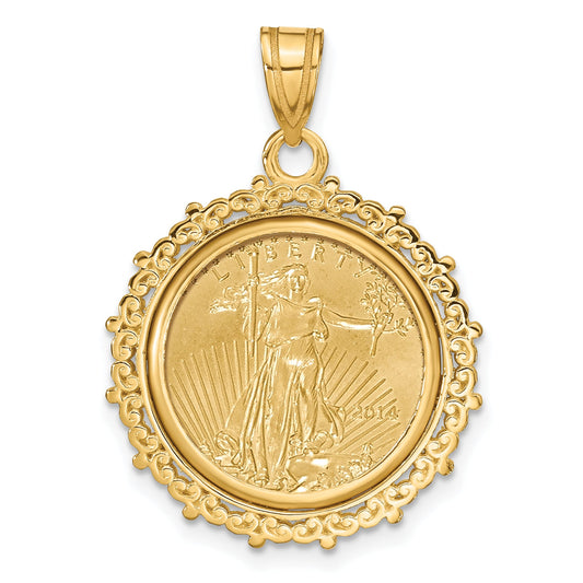 14K Yellow Gold Wideband Distinguished Coin Jewelry Polished Fancy Mounted 1/10Oz American Eagle Prong Bezel Pendant