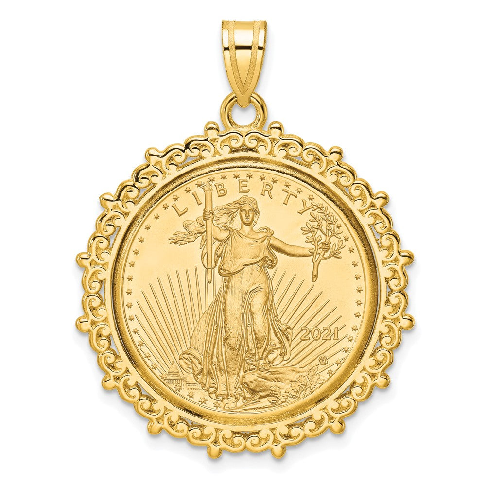 14K Yellow Gold Wideband Distinguished Coin Jewelry Polished Fancy Mounted 1/4Oz American Eagle Prong Bezel Pendant