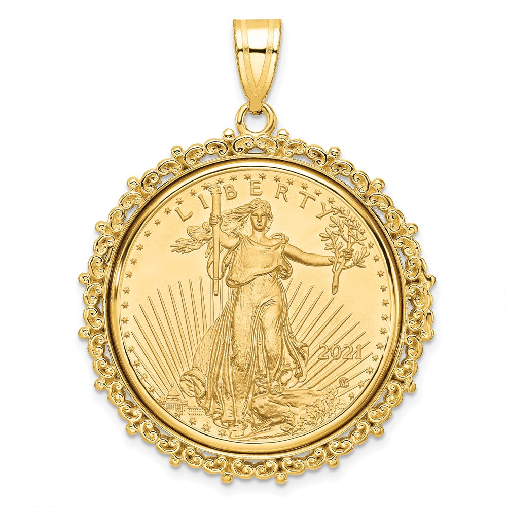 14K Yellow Gold Wideband Distinguished Coin Jewelry Polished Fancy Mounted 1/2Oz American Eagle Prong Bezel Pendant