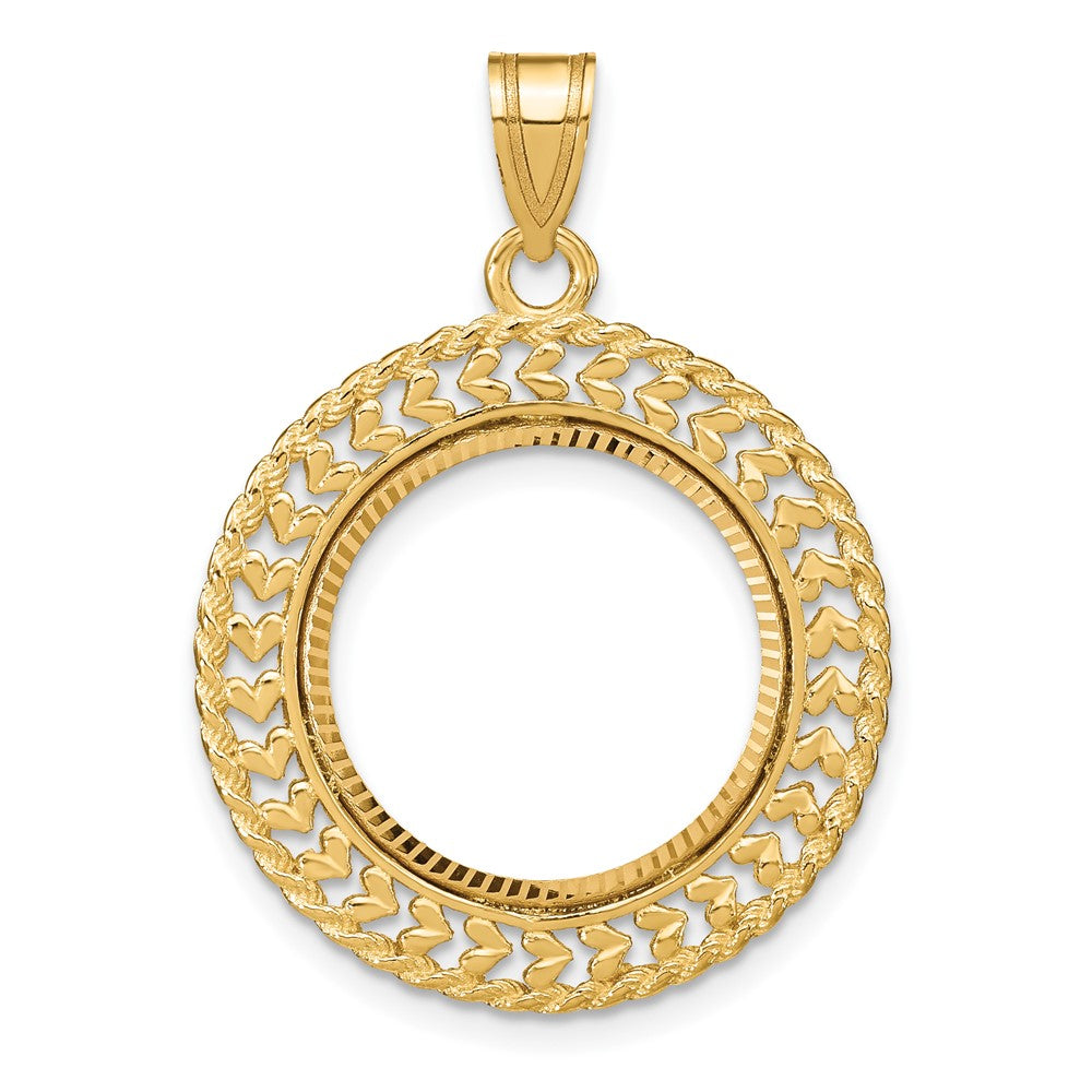 14K Yellow Gold Wideband Distinguished Coin Jewelry Polished And Diamond-Cut Heart Rope 16.5mm Prong Bezel Pendant