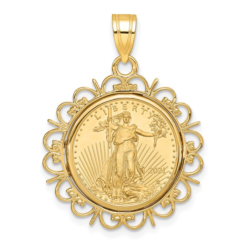 14K Yellow Gold Wideband Distinguished Coin Jewelry Polished Fancy Mounted 1/10Oz American Eagle Prong Bezel Pendant