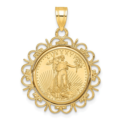 14K Yellow Gold Wideband Distinguished Coin Jewelry Polished Fancy Mounted 1/10Oz American Eagle Prong Bezel Pendant