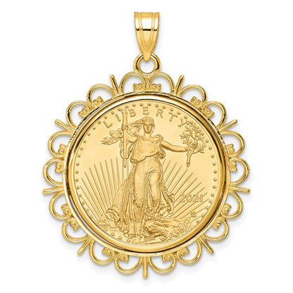 14K Yellow Gold Wideband Distinguished Coin Jewelry Polished Fancy Mounted 1/4Oz American Eagle Prong Bezel Pendant