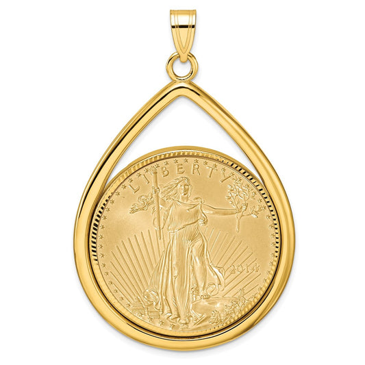 14K Yellow Gold Wideband Distinguished Coin Jewelry 14Ky Diamond-Cut Lightweight Tear Drop Prong Mounted 1Oz American Eagle Bezel Pendant