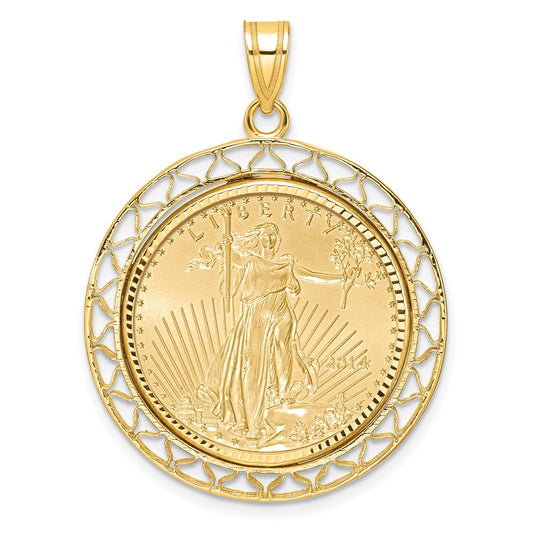 14K Yellow Gold Wideband Distinguished Coin Jewelry 14Ky Fancy Wire Diamond-Cut Prong Mounted 1/4Oz American Eagle Bezel Pendant